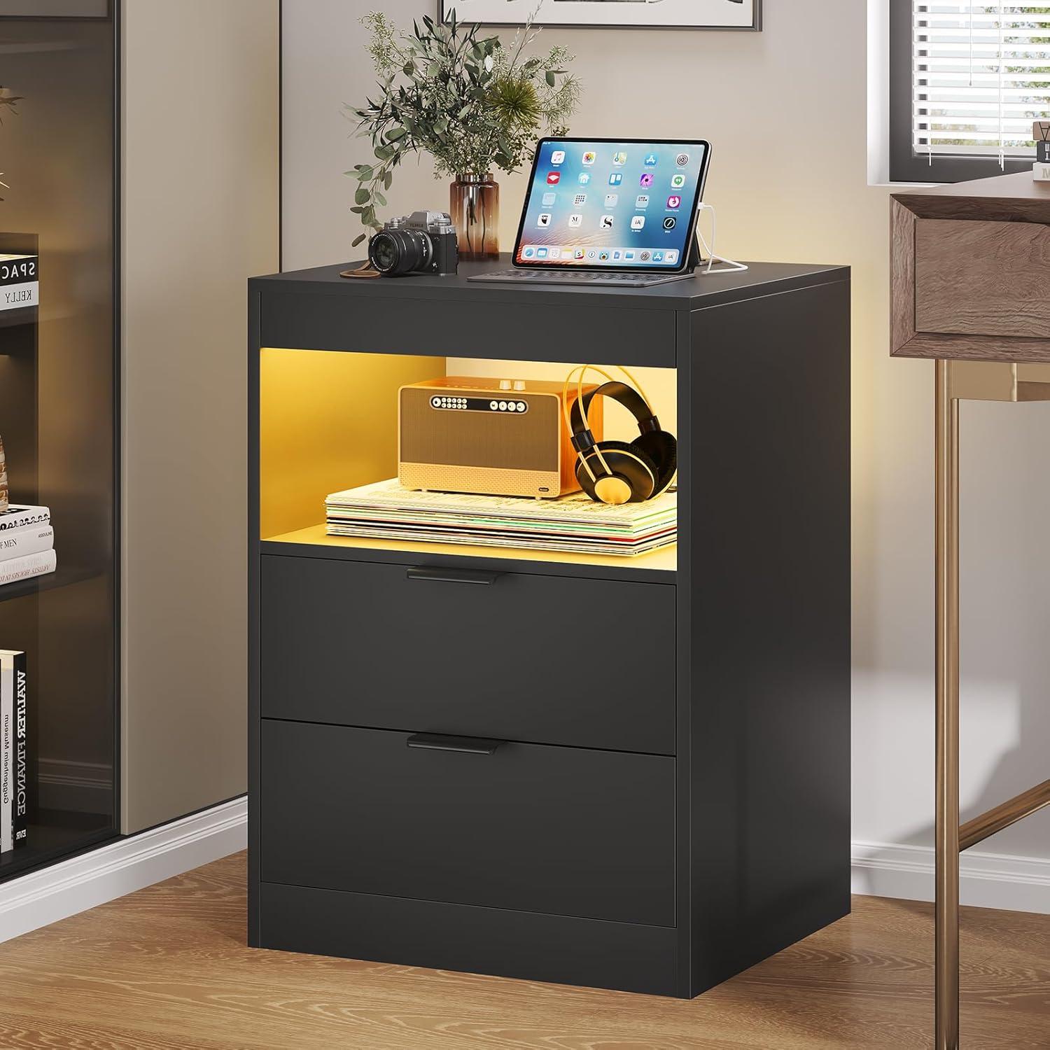 Exlonjet Black Nightstand with Wireless Charging Station and LED Lights, Bedside Table with 2 Drawers, Open Storage, 1 Pull-Out Tray, End Side Table with Charging Station, LED Night Stand with Storage