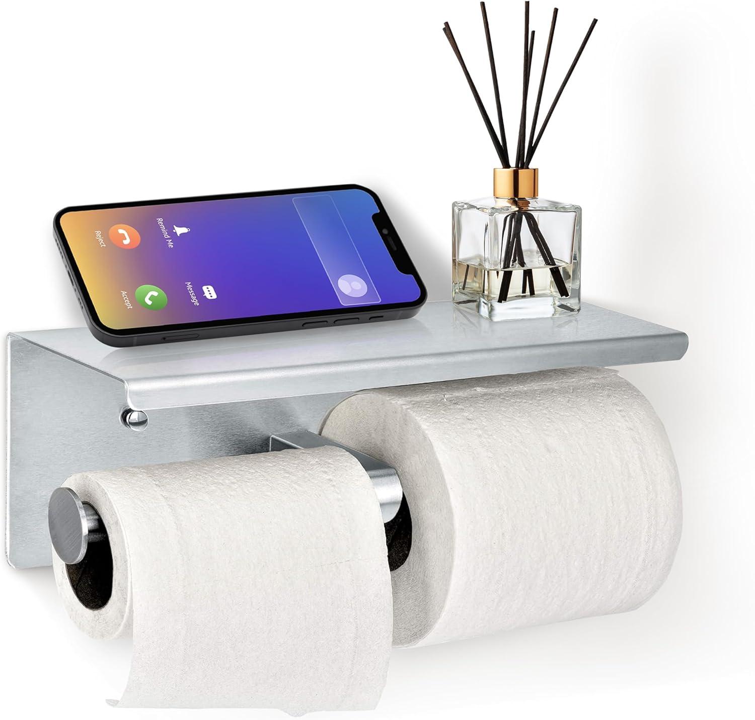 Brushed Stainless Steel Dual Roll Toilet Paper Holder with Shelf