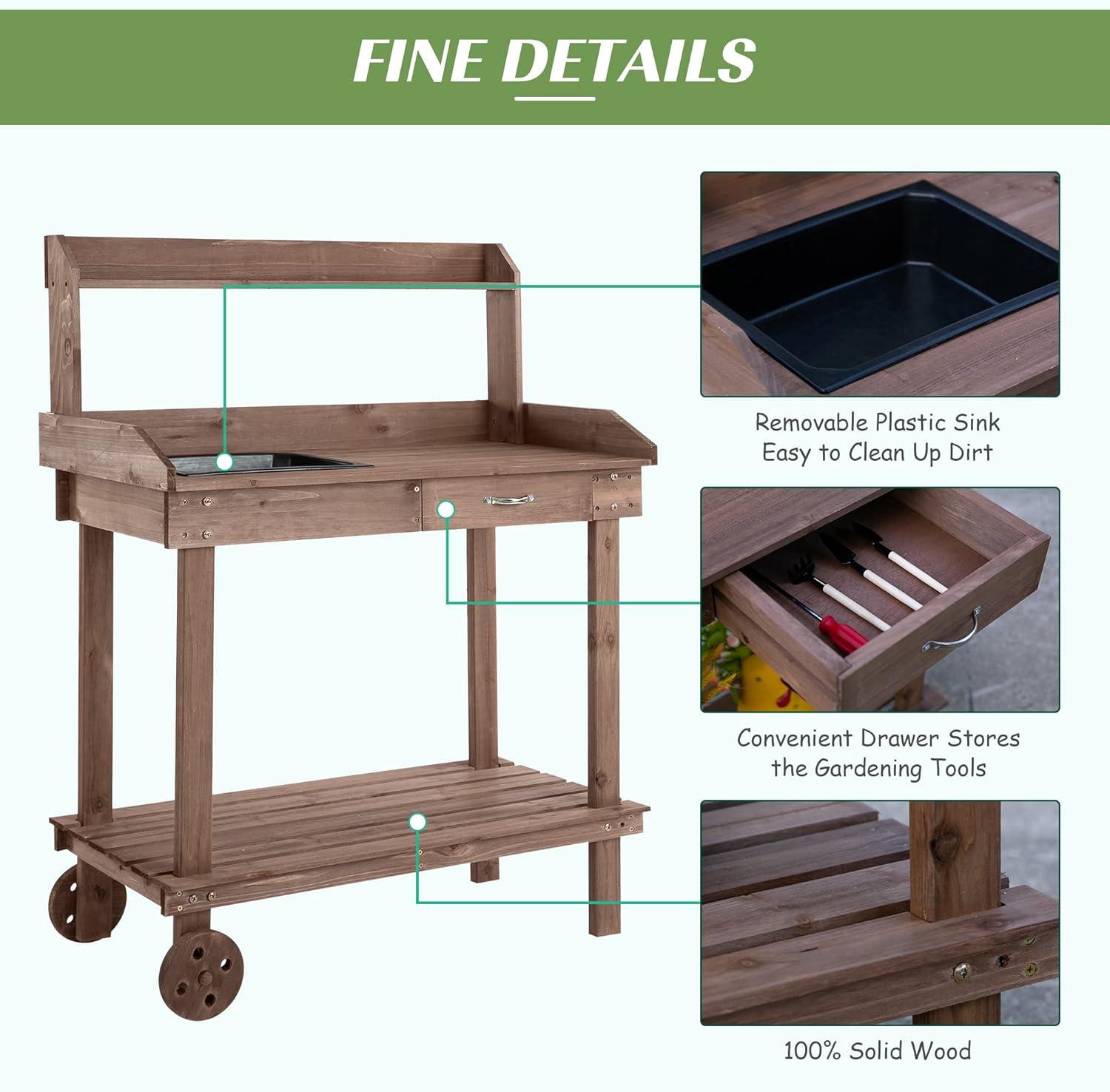 Outsunny 36'' Wooden Potting Bench Work Table with 2 Removable Wheels, Sink, Drawer & Large Storage Spaces, Brown