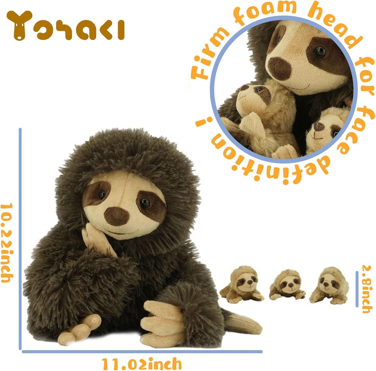 Brown Plush Sloth with 3 Baby Sloths, 11" Washable Toy