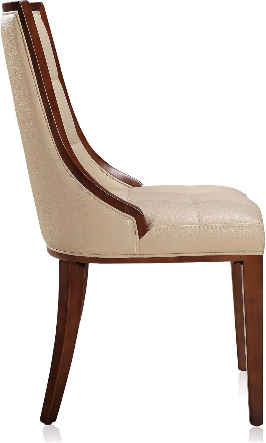 Manhattan Comfort Fifth Avenue Faux Leather Dining Chair (Set of Two) in Cream and Walnut