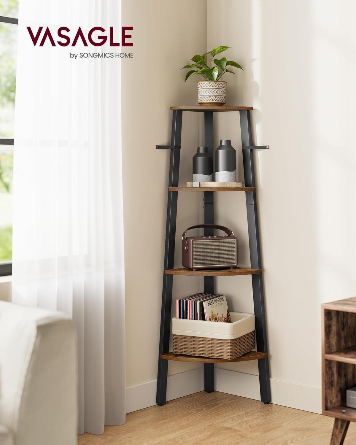 VASAGLE Ladder Shelf 4-Tier Corner Shelf Stand Bookshelf Plant Stand Display Shelf for Living Room Office Rustic Brown and Black