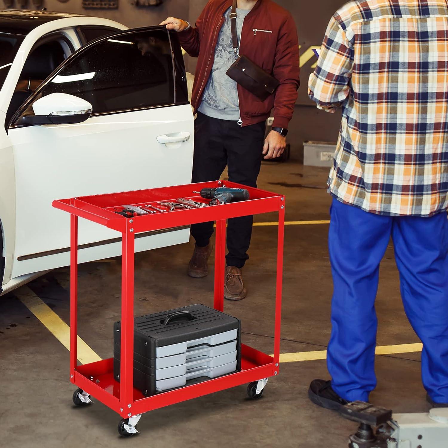 2 Tier Rolling Tool Cart, 220 LBS Capacity Industrial Service Cart w/Wheels, 2 Shelf Steel Utility Cart, Tool Storage Organizer for Mechanic, Garage, Workshop, Warehouse & Repair Shop, Red