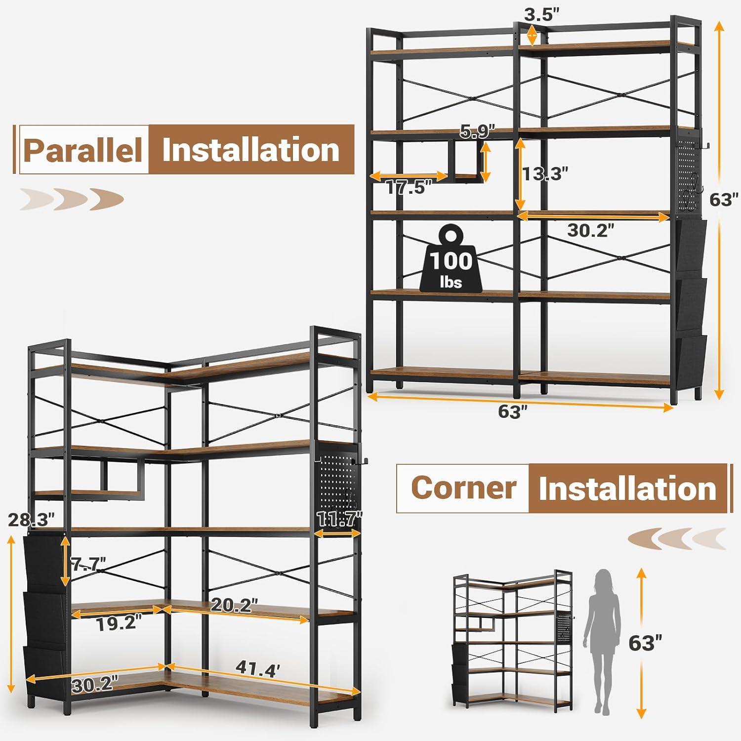 Afuhokles 5-Tier Bookshelf, Convertible Corner Bookshelf with Storage, Tall Bookshelf with Pegboard, Storage Bag and LED Light, Rustic Brown