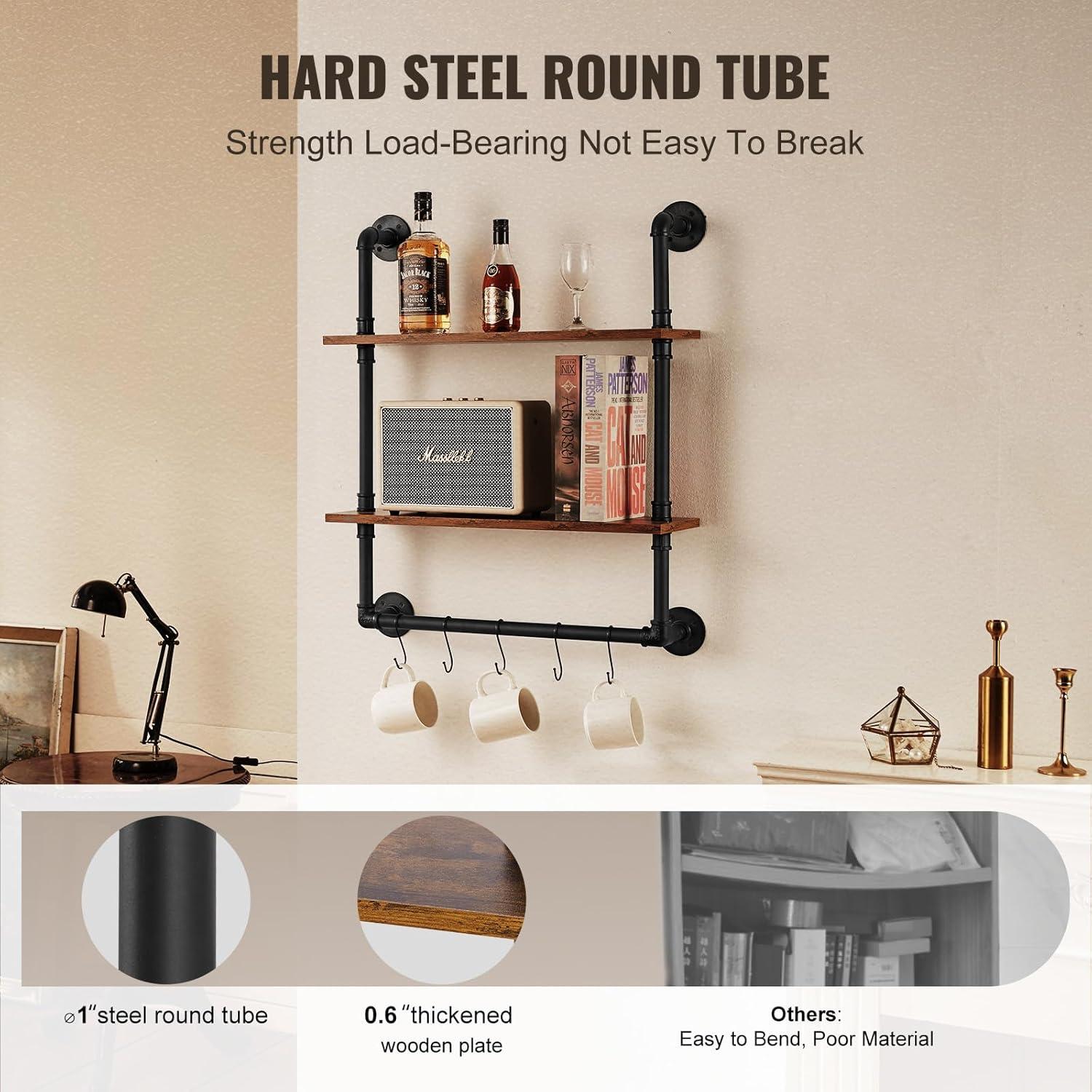 Williston Forge Industrial Pipe Shelf 2 Tier 24x7.87in Wall-Mount for Kitchen Bedroom