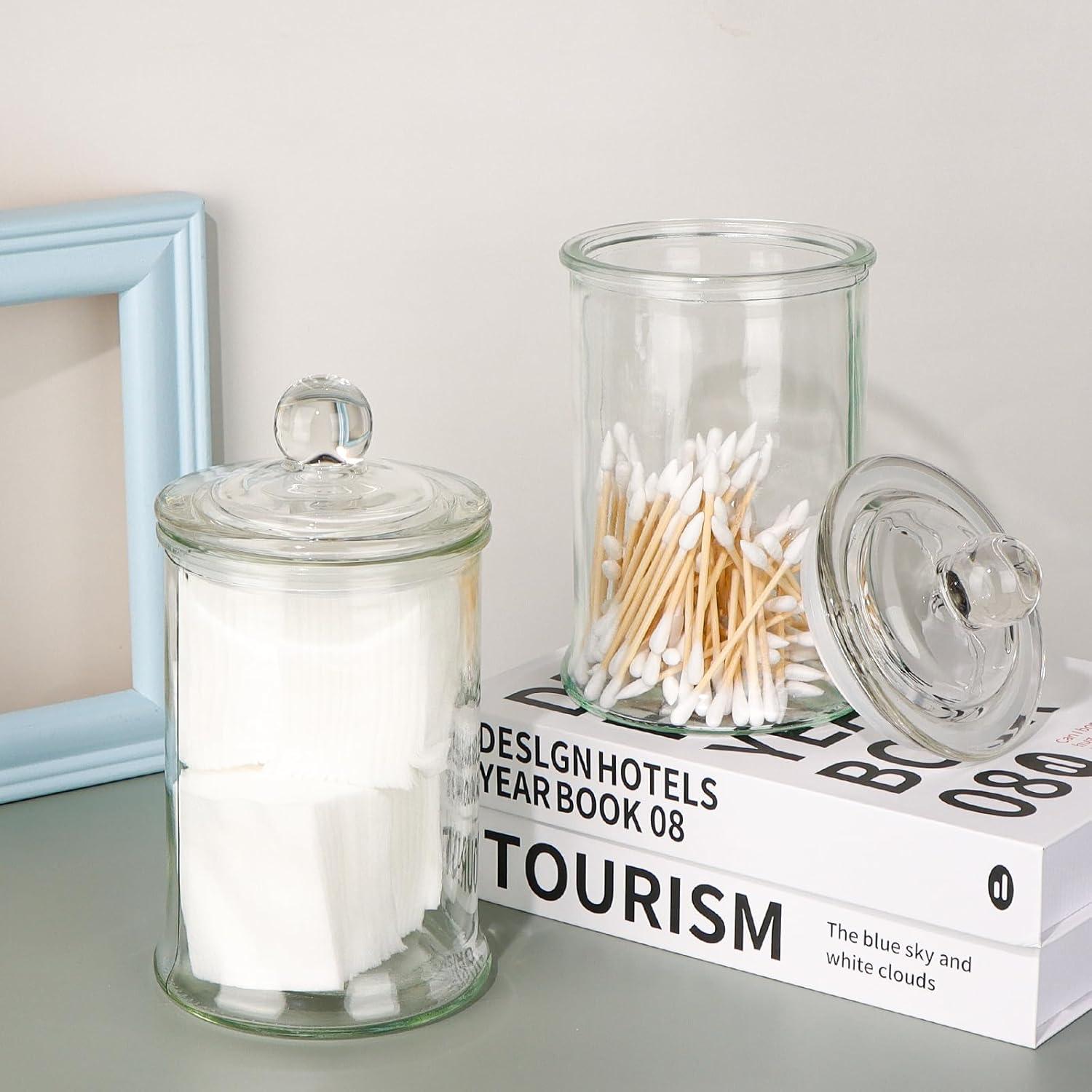 3 Pack Glass Apothecary Jars with Lids, 25oz Clear Bathroom Accessories Canisters Storage Organizer, Cotton Ball Holder Containers, Glass Jars for Bathroom, Vanity, Laundry Room