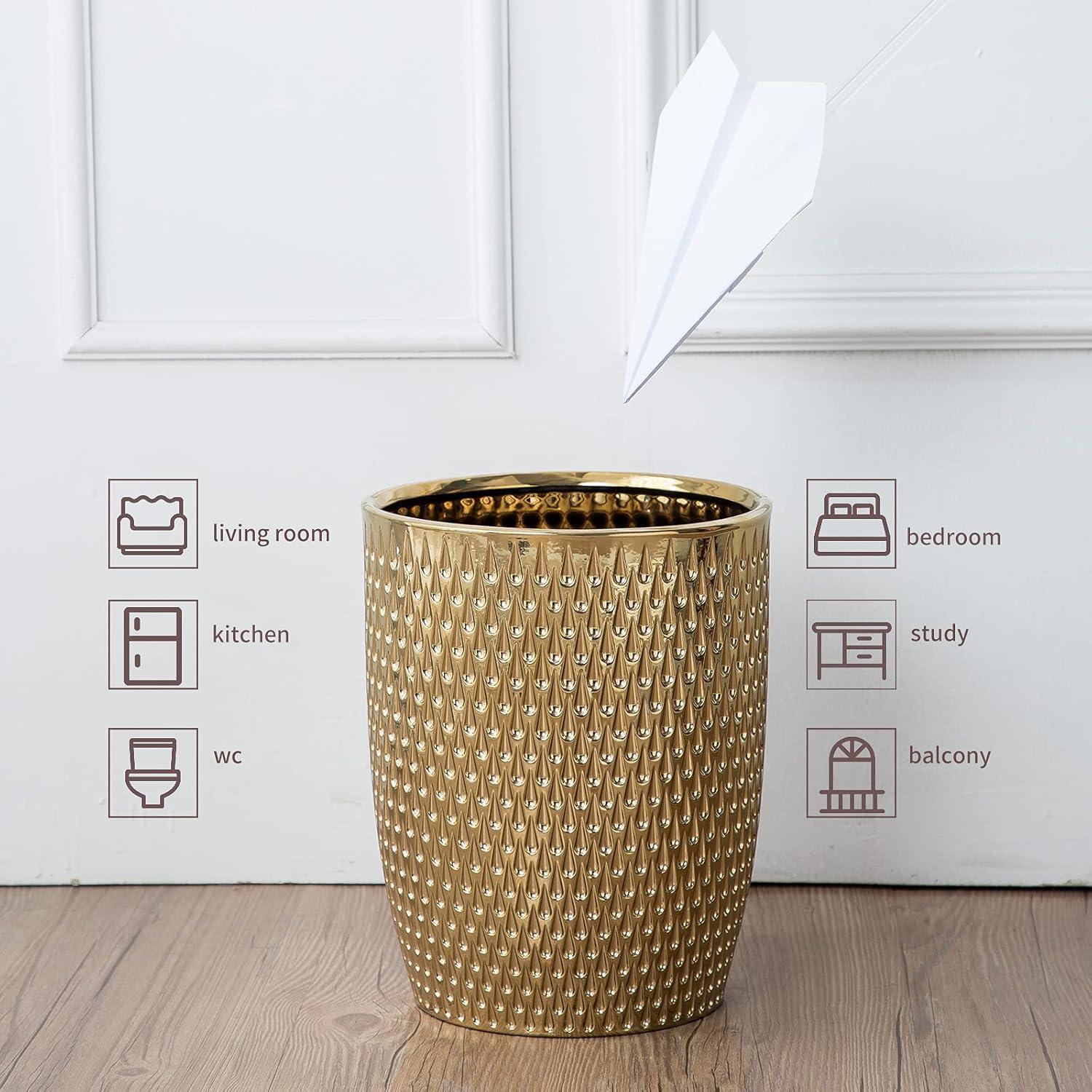 Gold Plated Ceramic Round Wastebasket for Bathrooms and Offices