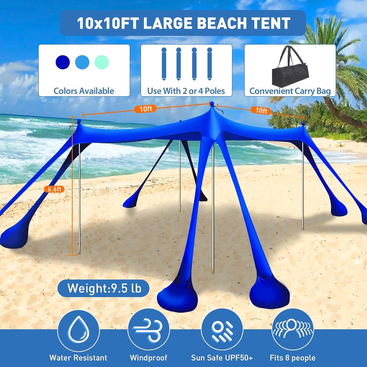 Beach Tent Canopy Pop Up Shade 10x10ft Sun Shelter Portable Family UPF50+ with 8 Sandbags-2 Sand Shovel-4 Aluminum Poles-Ground Pegs-Carrying Bag for Outdoor Camping Fishing Backyard Picnic