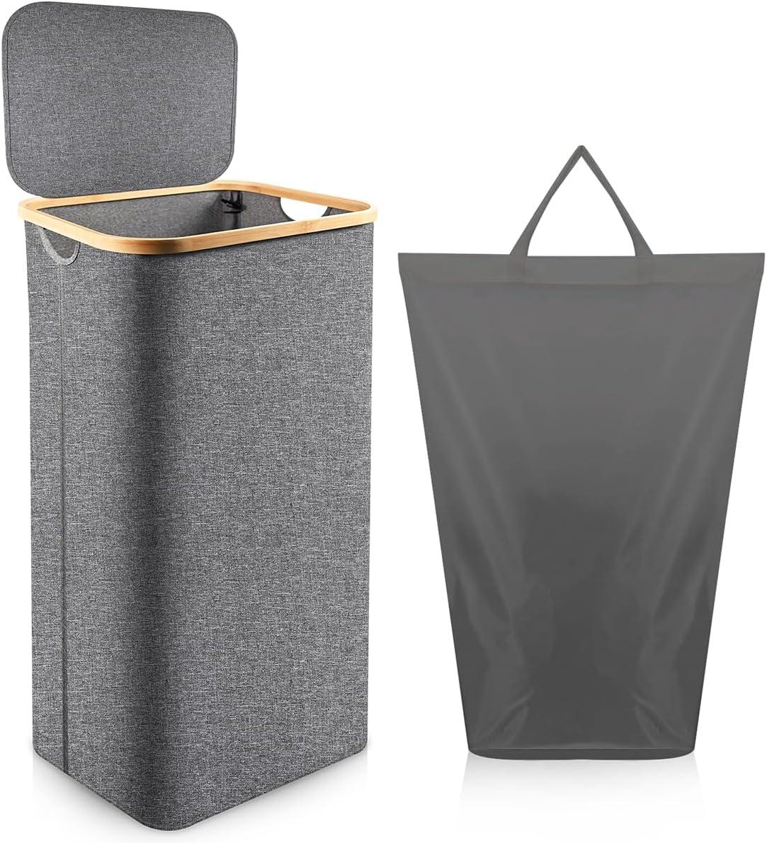 Efluky Laundry Basket with Lid and Removable Bag, 100L Tall Laundry Hamper with Bamboo Handles, Aesthetic Dirty Clothes Bin for Laundry Room, Bathroom, Bedroom and Dorm,Grey