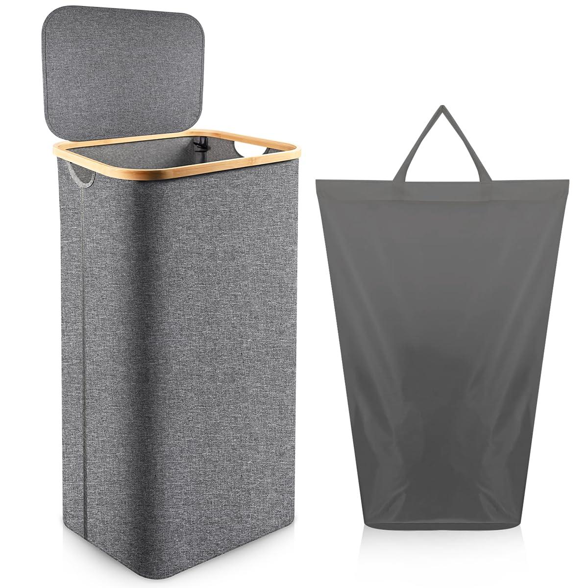 Efluky Laundry Basket with Lid and Removable Bag, 100L Tall Laundry Hamper with Bamboo Handles, Aesthetic Dirty Clothes Bin for Laundry Room, Bathroom, Bedroom and Dorm,Grey