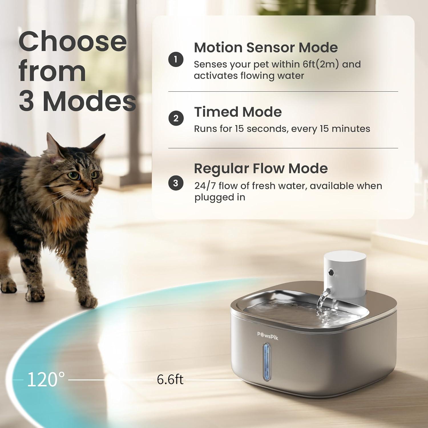 Pawspik Stainless Steel Cat Water Fountain,108 oz/3.2 L Cat Water Dispenser, Battery Operated Dog Fountain,Water Bowl, Automatic Pet Fountain with Motion Sensor, 5000 mAh Battery C9