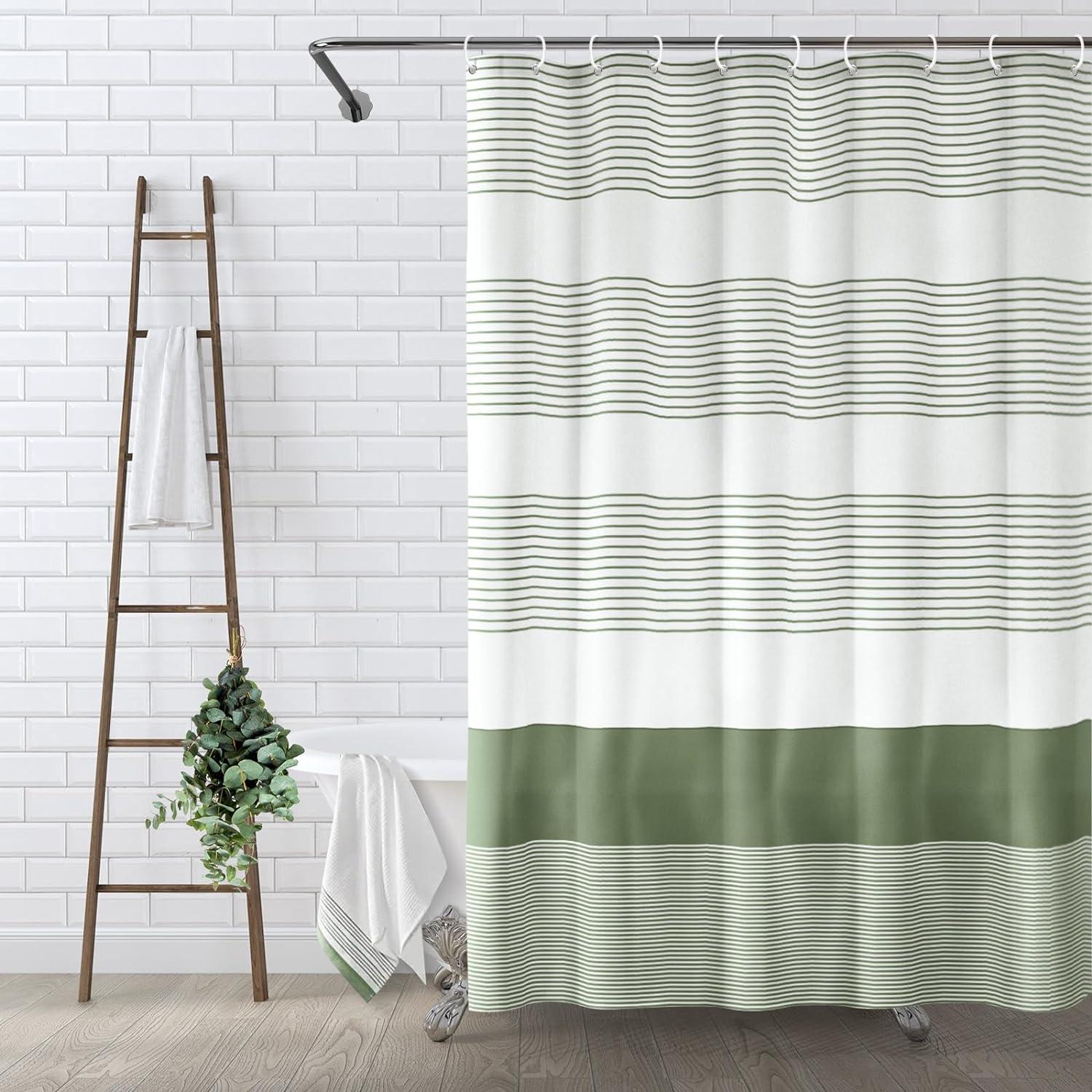 Sage Green and White Striped Boho Shower Curtain with Tassels