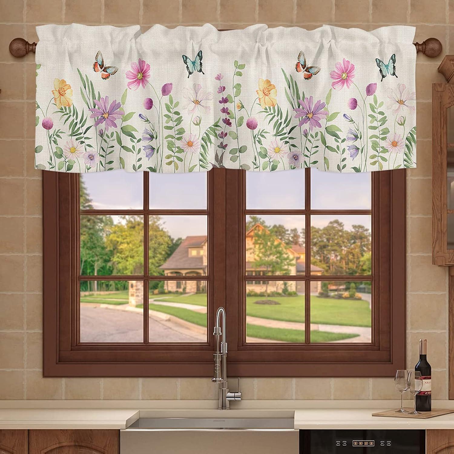 Spring Watercolor Floral Print Valance with Rod Pocket, 54" x 18"