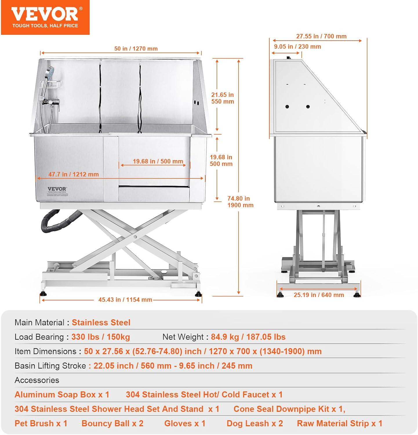 VEVOR 50" W Metal Dog Grooming Tub Electric Height Adjustment with Right Door Opening