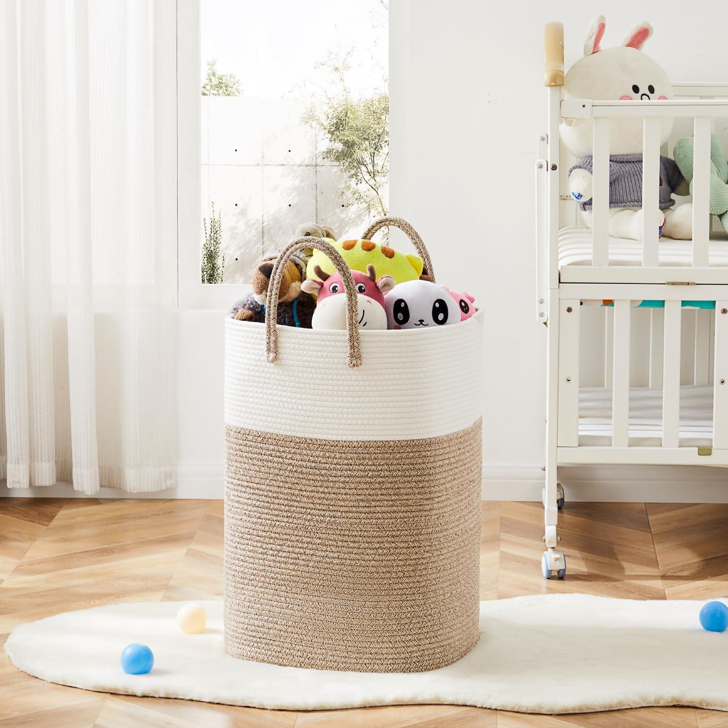 Beige and White Cotton Rope Collapsible Laundry Hamper