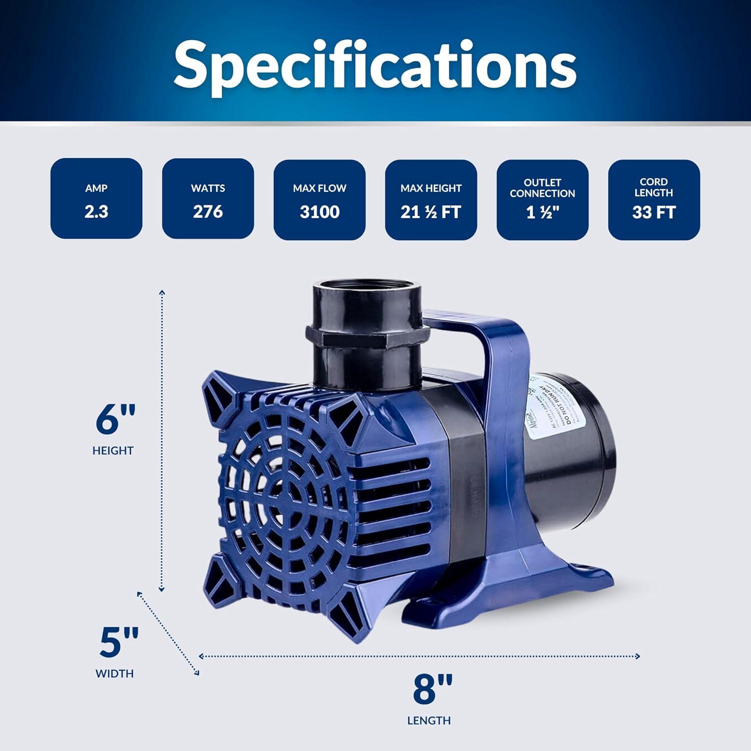 3100GPH Cyclone Pump with 33' Cord - Blue - Alpine Corporation: Submersible, Ceramic Shaft, Vortex Impeller
