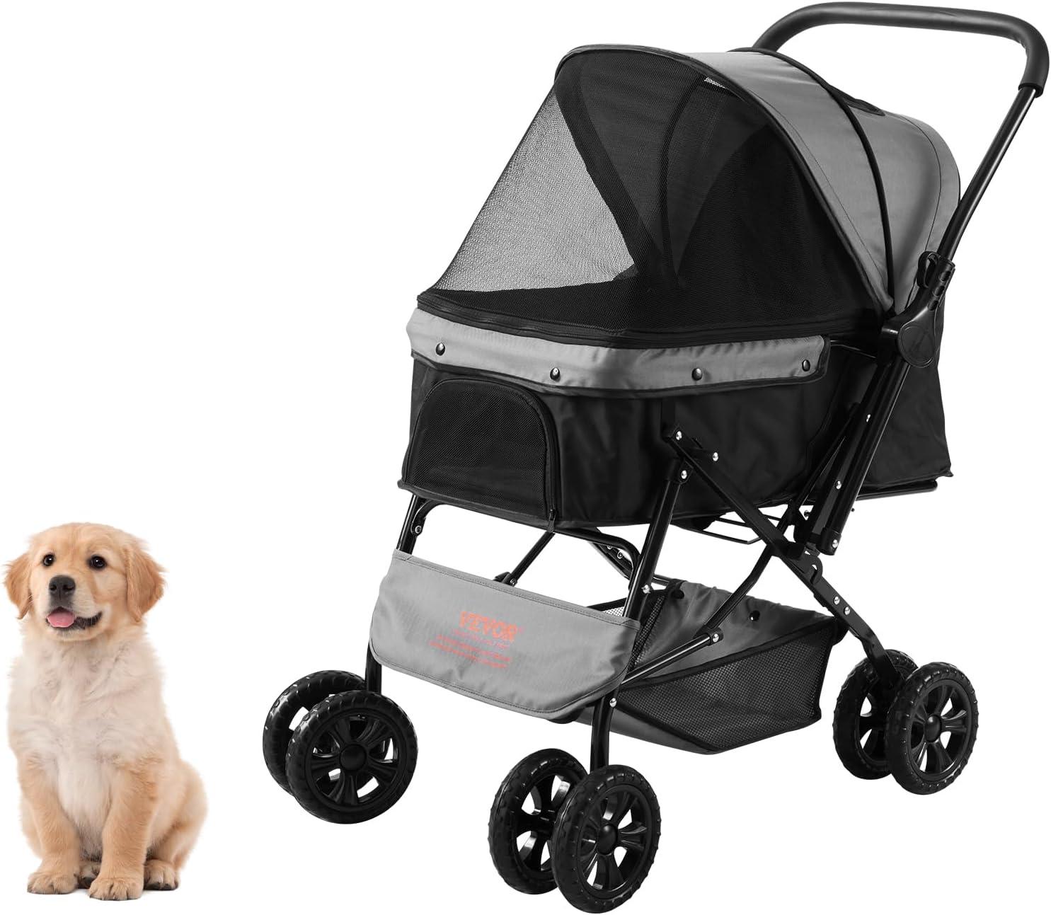 VEVOR Foldable Black and Gray Pet Stroller with Reversible Handle