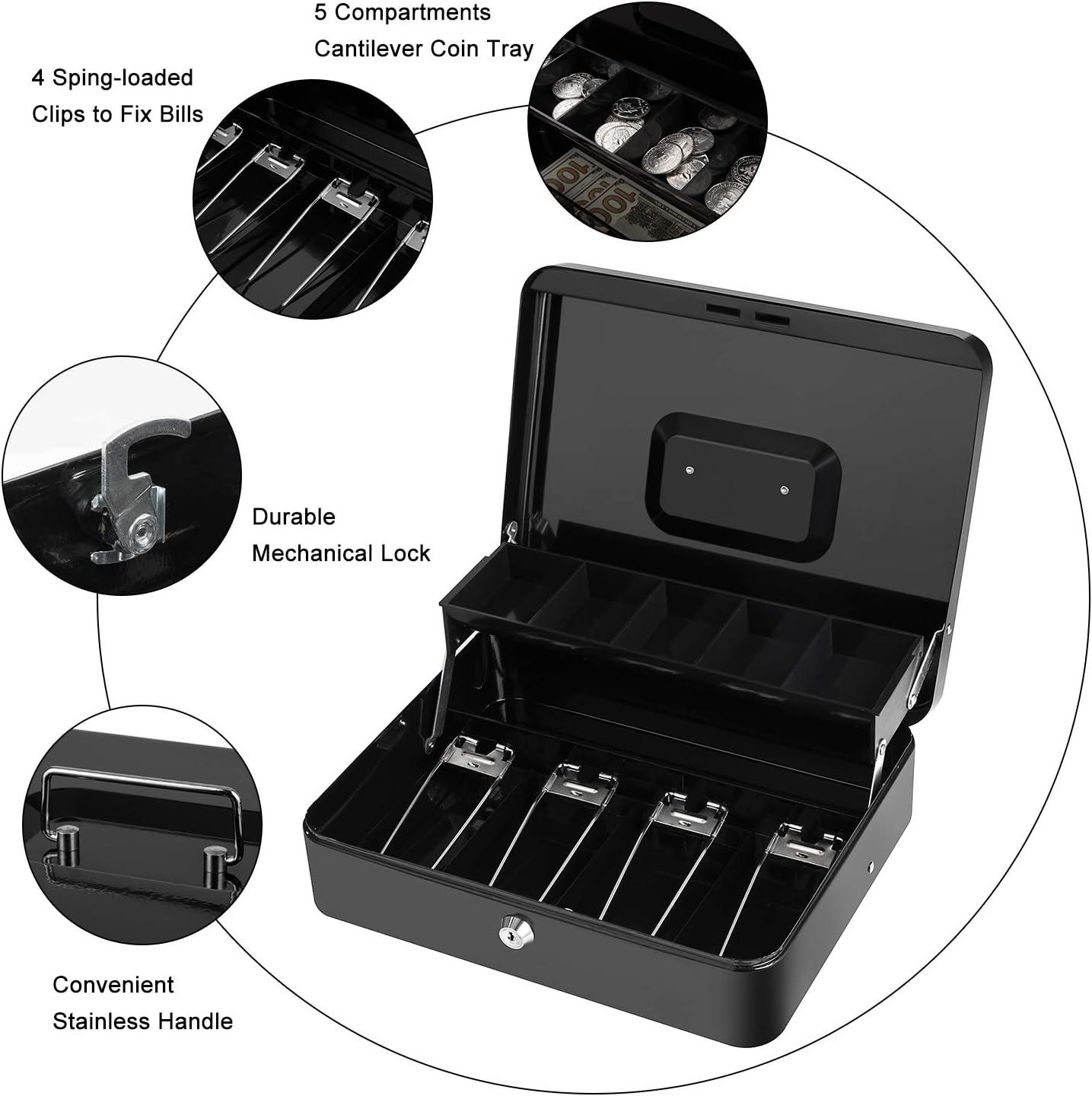 Black Metal Cash Box with Key Lock and Money Tray 11.8" x 9.4" x 3.54"