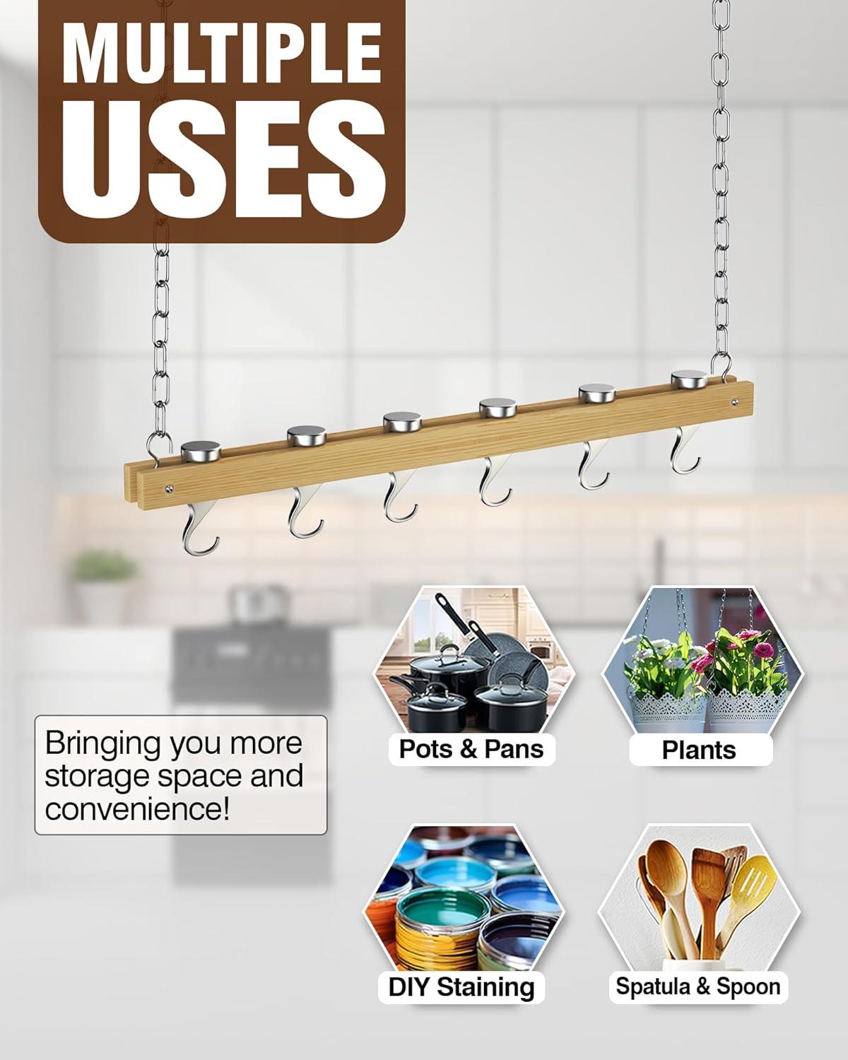 Standard, Single Bar, 36-Inch Ceiling Mounted Wooden Pot Rack, Brown