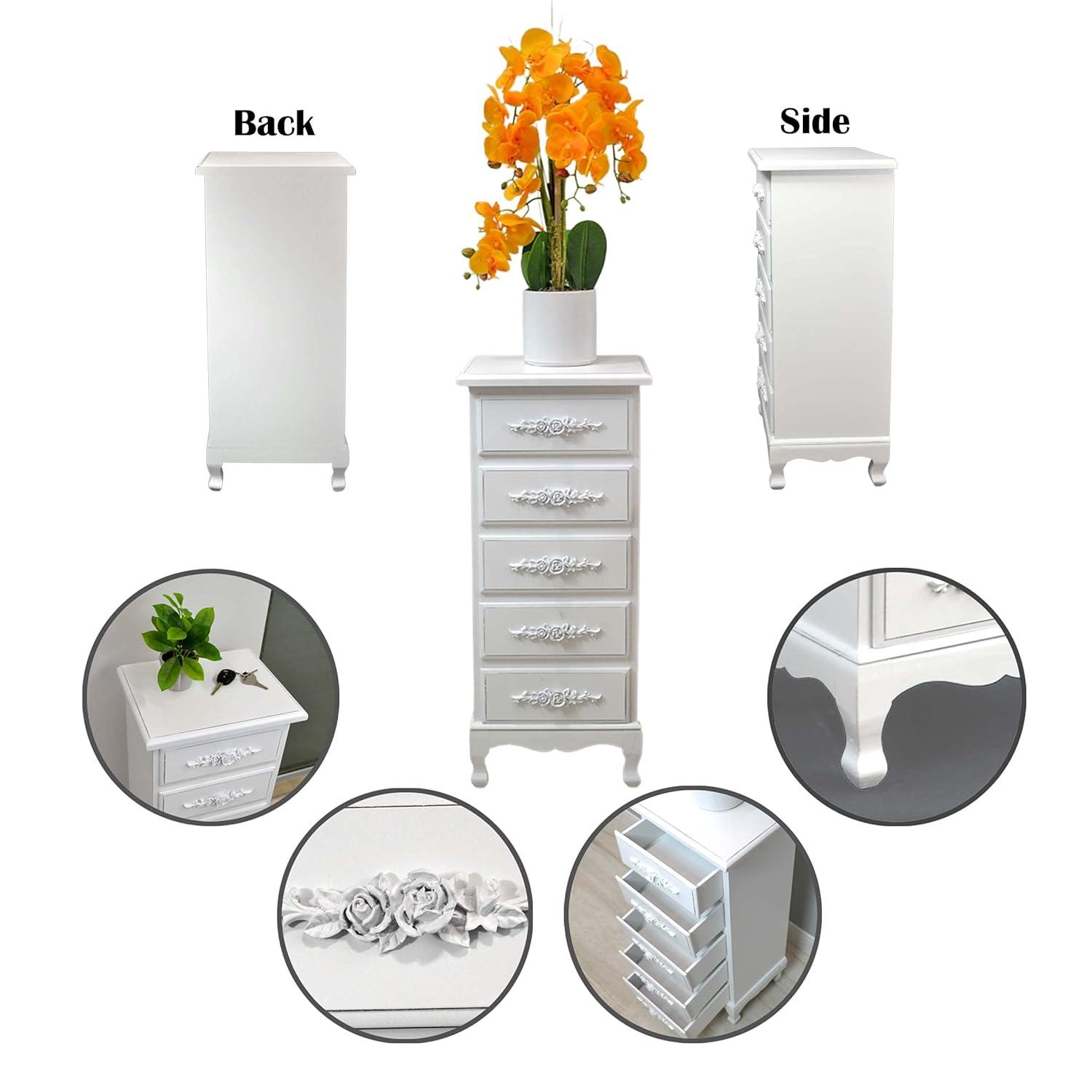 Fully Assembled White Lingerie Dresser, Tall Skinny Chest, Wood Nightstand for Bedroom, Girls Dresser, Antique Furniture, Baby Nursery Storage, Free Standing Jewelry Organizer with Queen Anne Legs