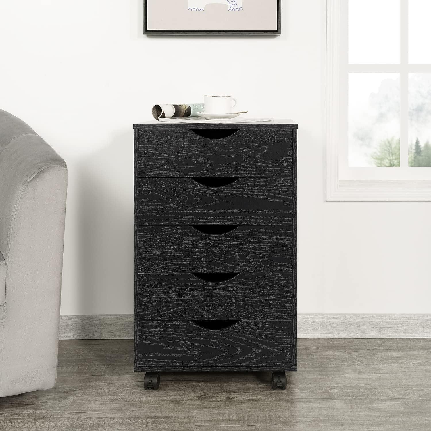 Naomi Home Taylor 5 Drawer Chest, Wood Storage Dresser Cabinet with Wheels, Craft Storage Organization, Makeup Drawer Unit for Closet, Bedroom, Office File Cabinet 180 lbs Capacity -Distressed Black