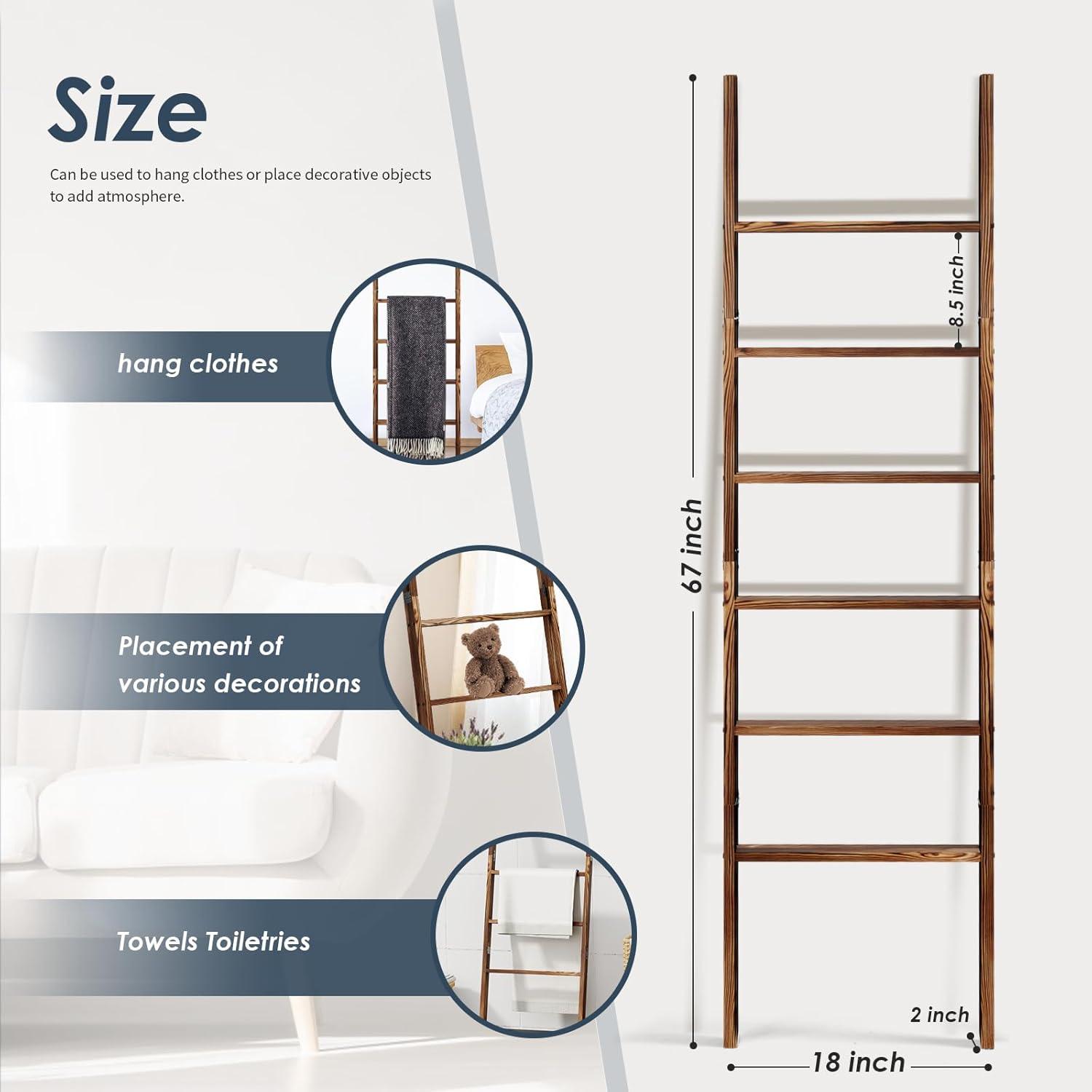 6-Tier Blanket Ladder Wooden, 5.7FT(66.5'') Blanket Quilt Towel Holder Rack Decorative Ladder, Easy Assembly, Rustic Farmhouse Ladder Shelf for The Living Room Bedroom Bathroom Home Decor, Brown