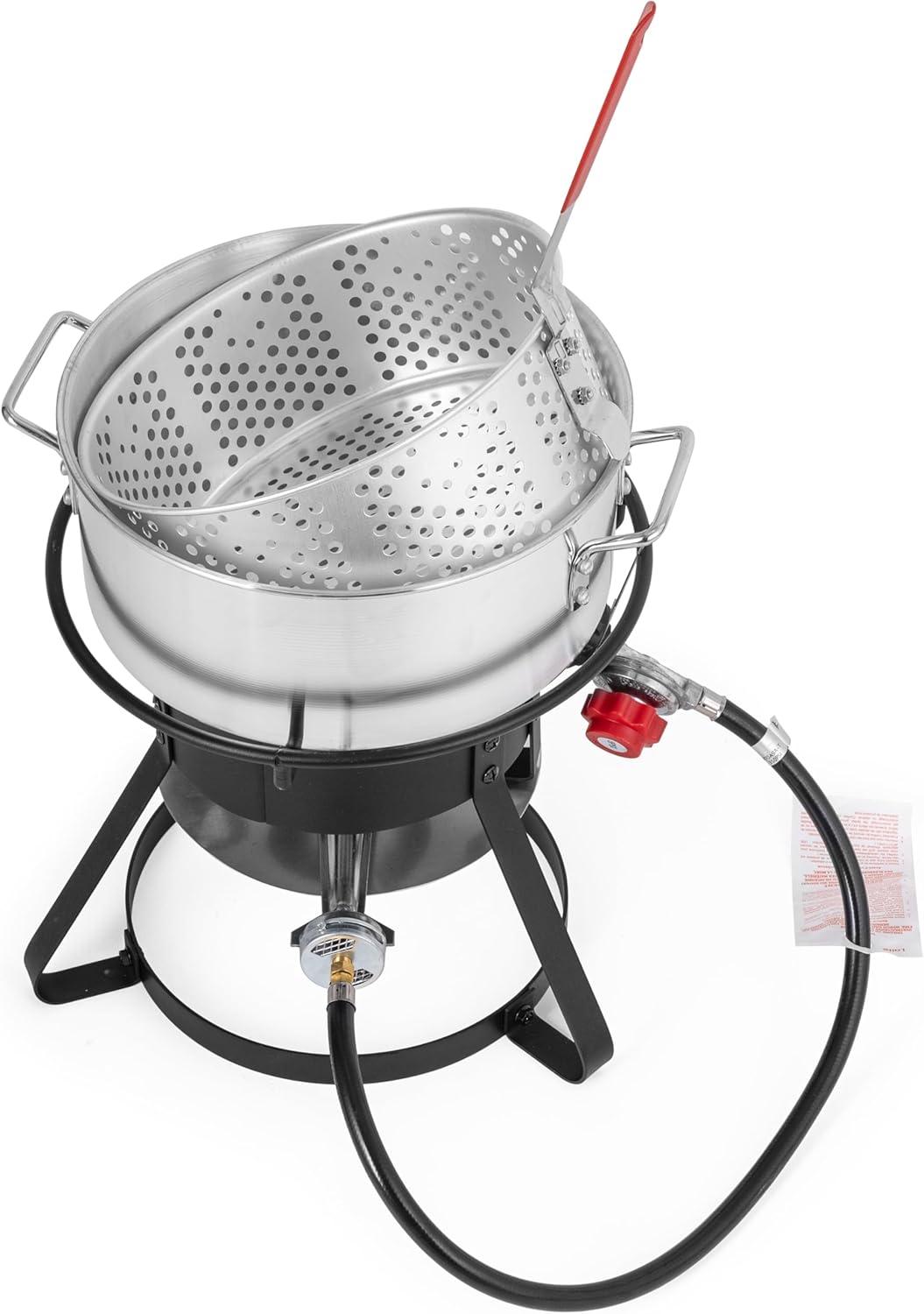 11 Qt Aluminum Propane Outdoor Deep Fryer with Red Handles