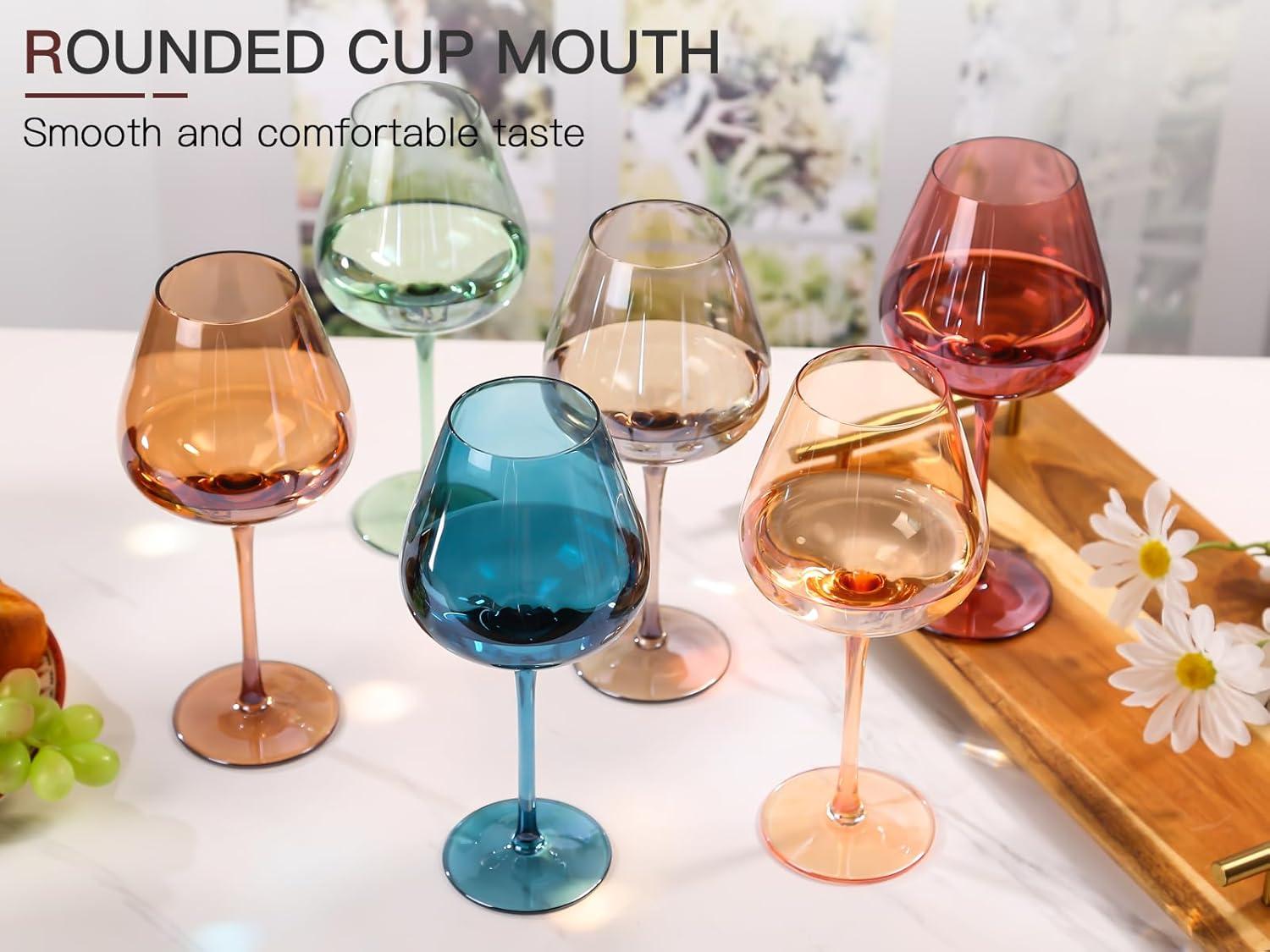 Bella Vino Set of 6 Multi Colored Crystal Wine Glasses - 18oz.