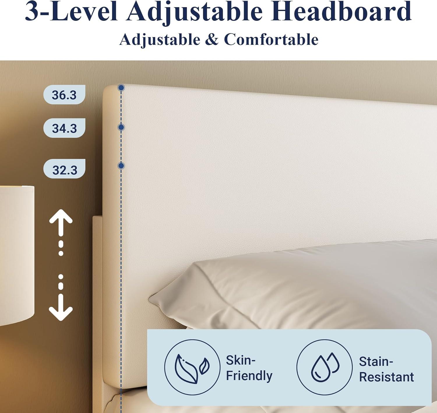 Allewie King Size Bed Frame with Adjustable Headboard, Faux Leather Platform Bed with Wood Slats, Heavy Duty Mattress Foundation, No Box Spring Needed, Noise-Free, Easy Assembly, White