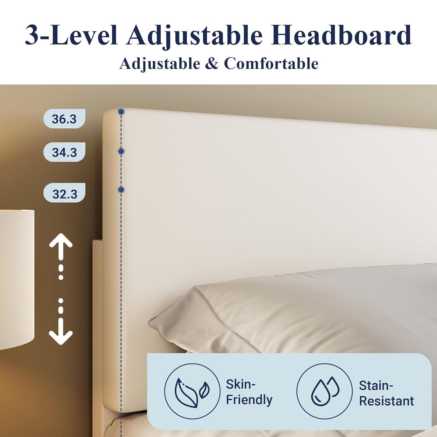 Allewie King Size Bed Frame with Adjustable Headboard, Faux Leather Platform Bed with Wood Slats, Heavy Duty Mattress Foundation, No Box Spring Needed, Noise-Free, Easy Assembly, White