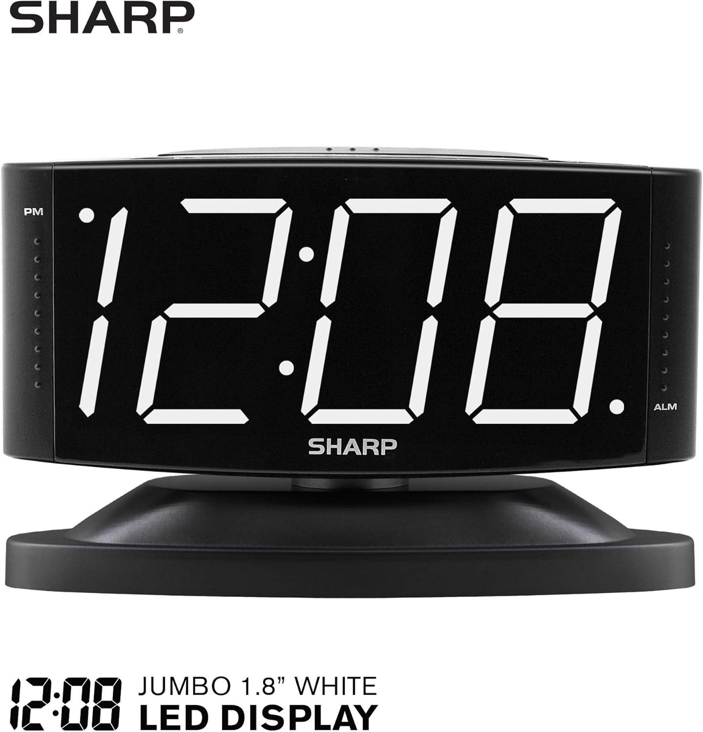 SHARP LED Digital Alarm Clock, Swivel Base, Alarm, Snooze, Brightness Dimmer, Black Case -White LED