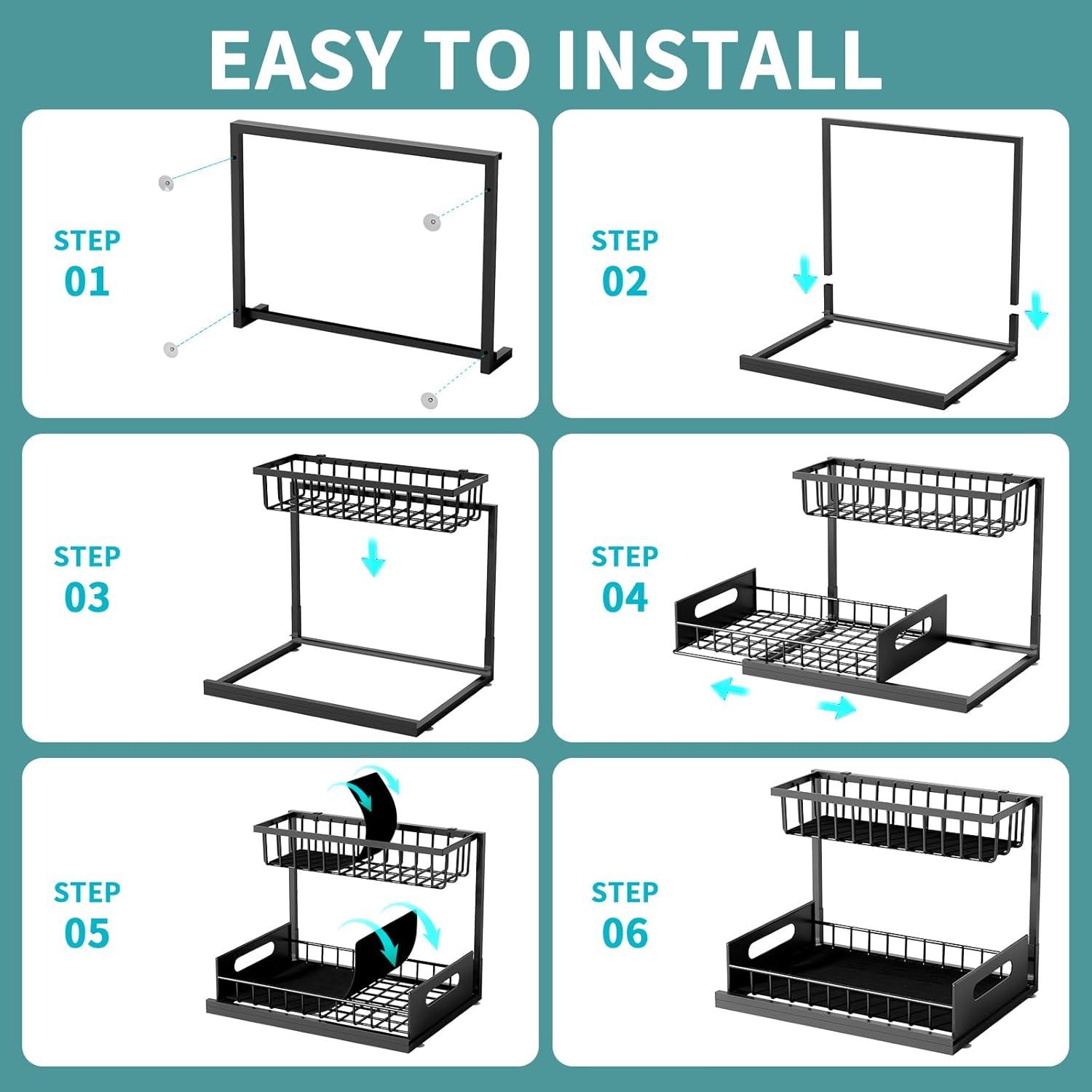 DELAMU 2 Pack Under Sink Organizers and Storage, Pull Out Trash Can Under Cabinet, 2 Tier Bin Organizer with Hooks and Haning Cups, Multi-Purpose Sliding Under Cabinet Organizer