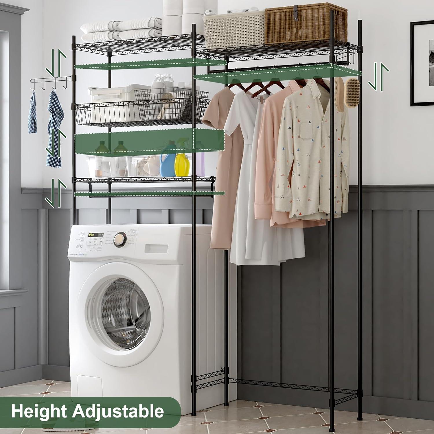 Kselythan Over Washer and Dryer Shelves,57.4" W Heavy Duty Laundry Room Storage Organization Clothes Drying Rack,Height Adjustable Towel Racks with Hamper and Hooks,Space Saving Shelf