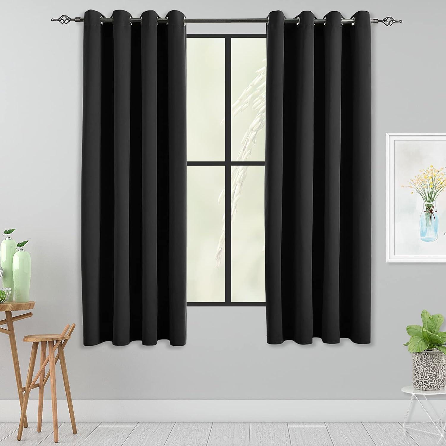 Coodeto Short Blackout Curtains Black, Set of 2, W52 x L63 - Blackout Curtains for Kitchen and Kids Bedroom