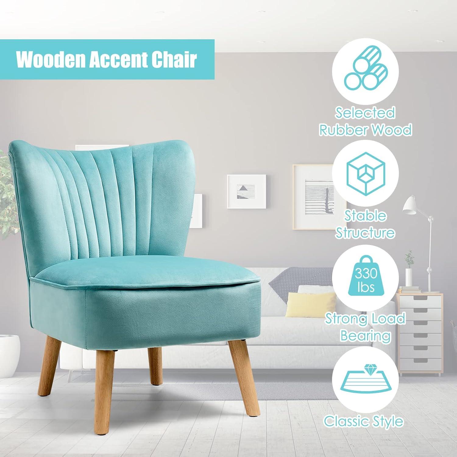 AYFDEGT Armless Accent Chair  Velvet Modern Chair with Rubber Wood Legs and Thick Sponge Seat  Upholstered Leisure Wingback Sofa Chair for Living Room for Bedroom Living Room (1  Blue)