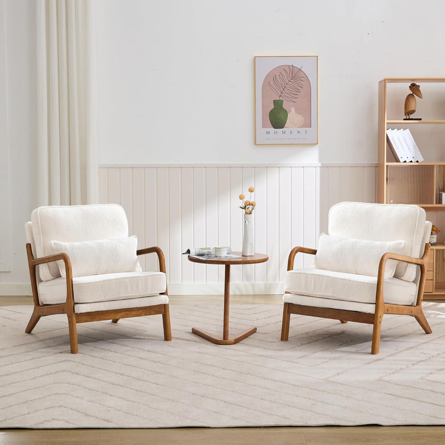 YODOLLA  Fabric Accent Chair Mid-Century Modern Upholstered Arm Chair Set of 2 for Living Room in White