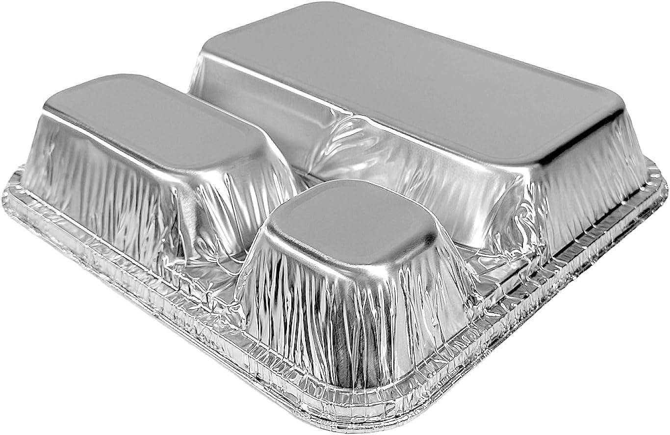 Pactogo Large 3-Compartment Oblong Aluminum Foil Take-Out Pan Senior Feeding TV Dinner Entr?e Tray w/Board Lid (Pack of 10 Sets)