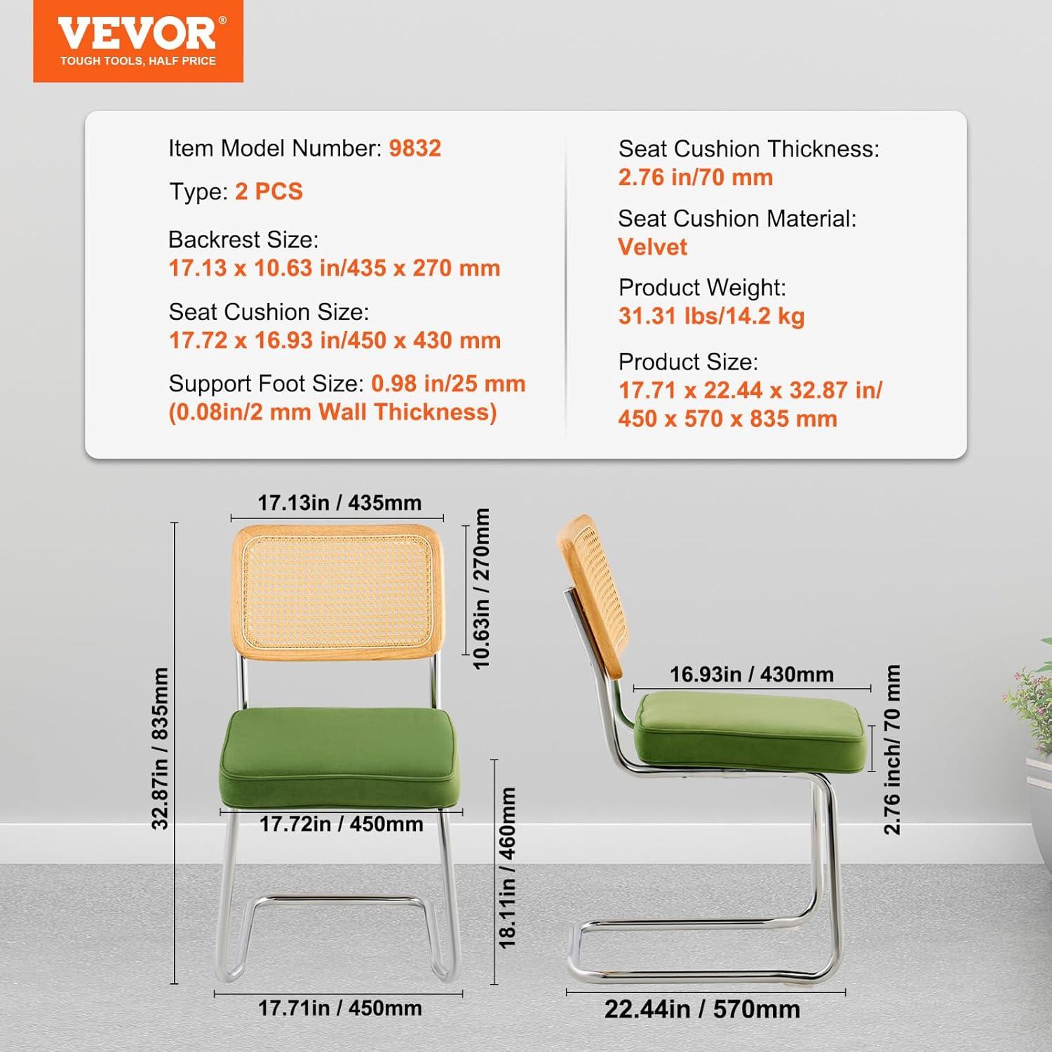 VEVOR Rattan Dining Chairs Set of 2, Mid Century Modern Dining Chair, Upholstered Velvet Accent Chair with Rattan Back,  (18.1 Inch)