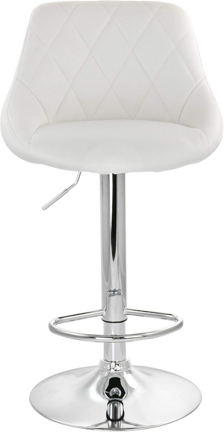 Elama 2 Piece Diamond Stitched Faux Leather Bar Stool in White with Chrome Base  and Adjustable Height