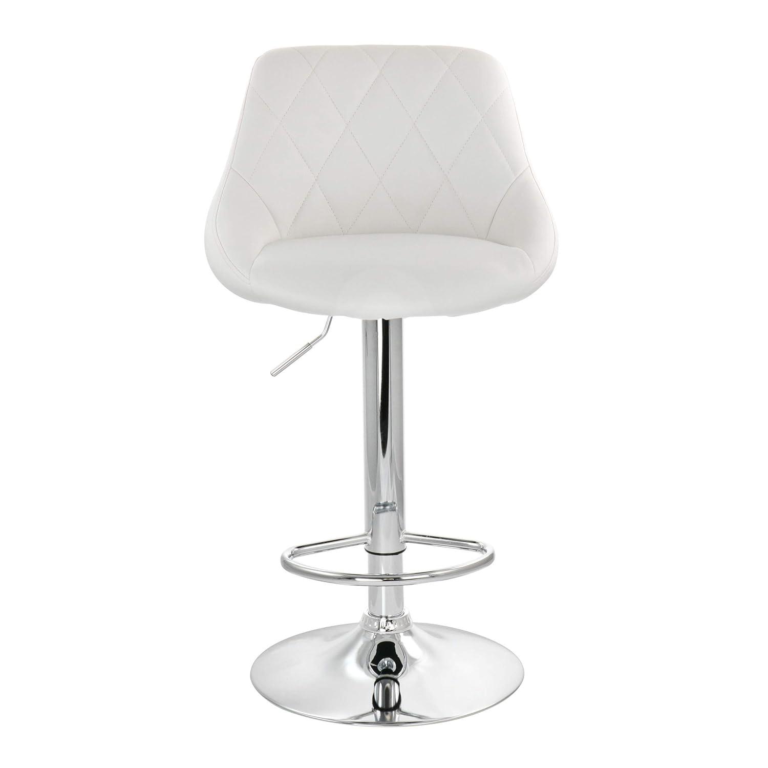 Elama 2 Piece Diamond Stitched Faux Leather Bar Stool in White with Chrome Base  and Adjustable Height