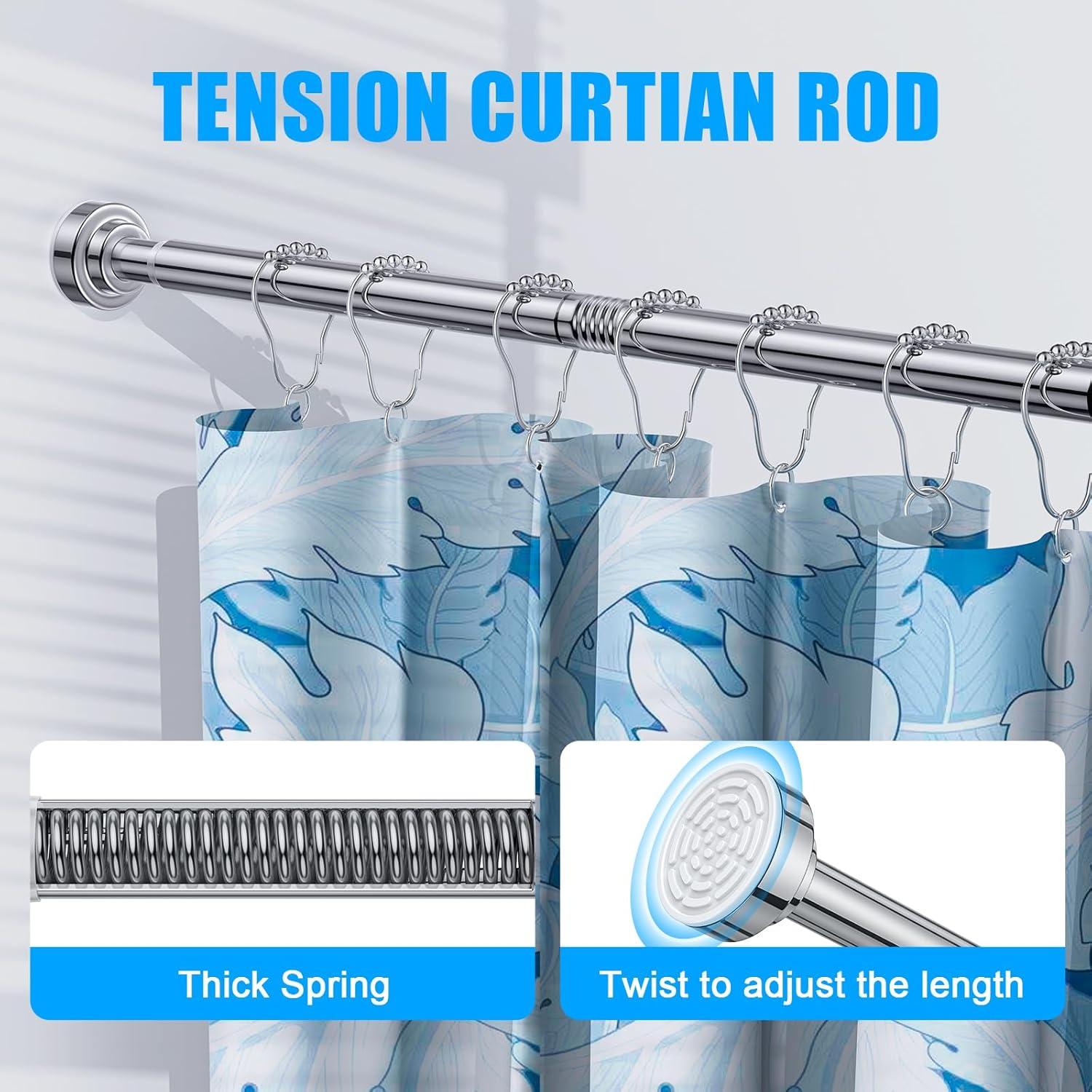 OUMIKEJI Shower Curtain Rod, 27-76 Inch Adjustable Tension Spring, Shower Curtain Rod Tension, Premium Stainless Steel, Anti-Slip, No Drilling, No Rust, For Bathroom, Silver