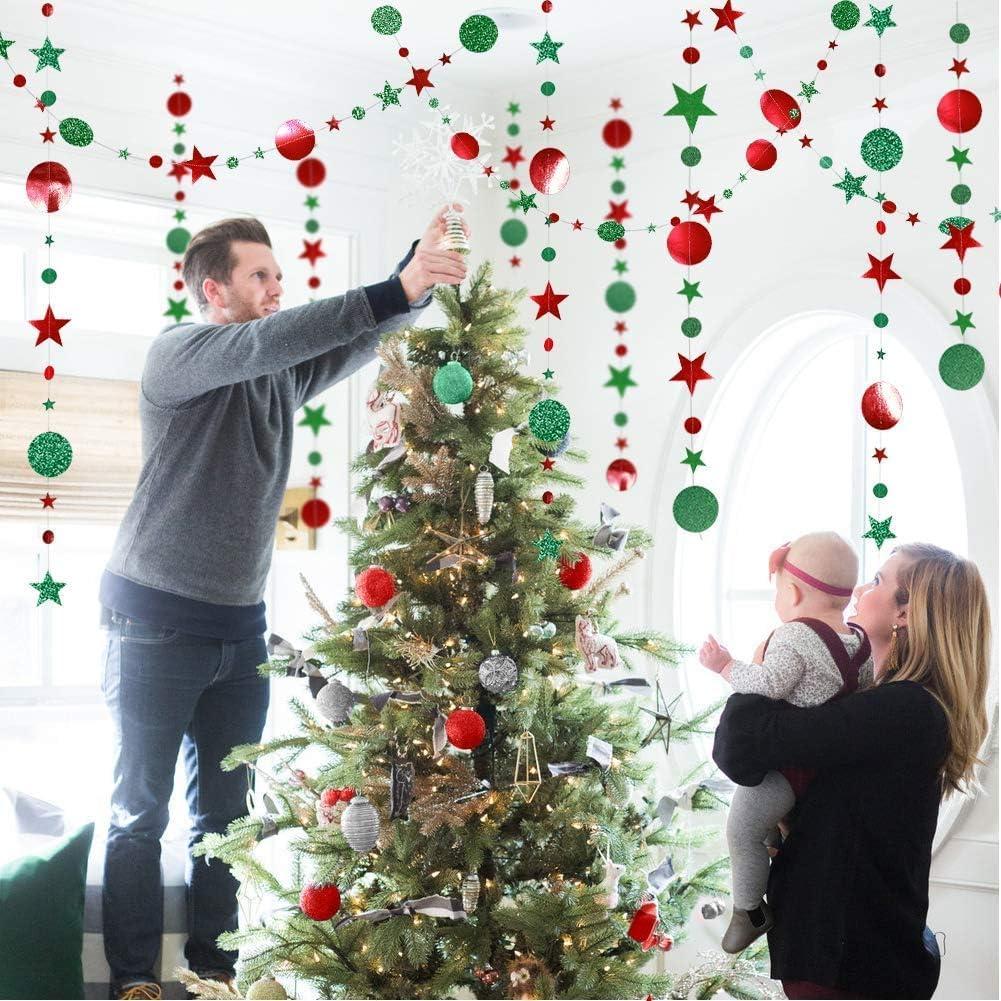 Festive Red and Green Glitter Star Circle Garland Banner, 4 Meters