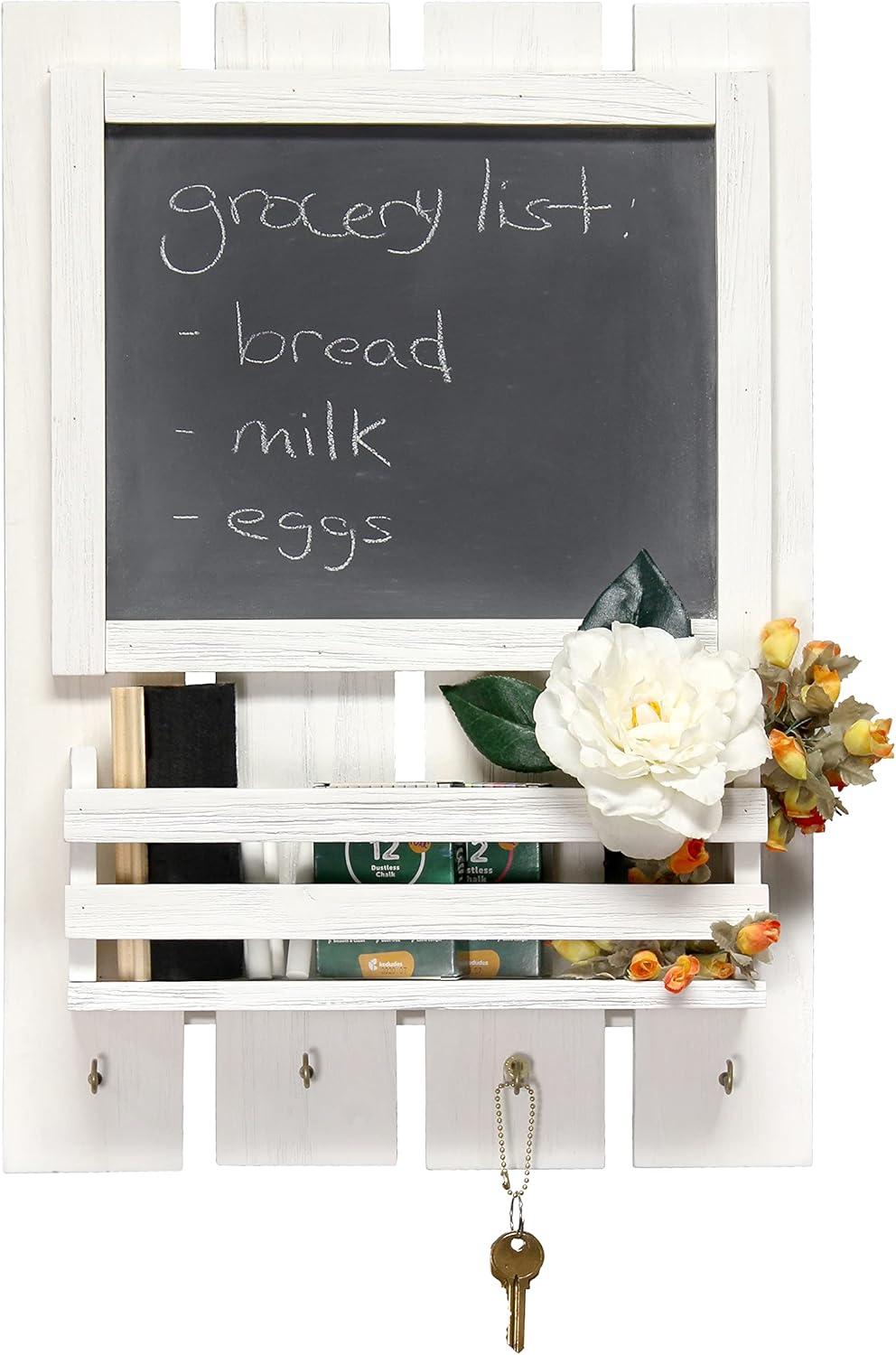 Chalkboard Sign with Key Holder Hooks and Mail Storage - Elegant Designs