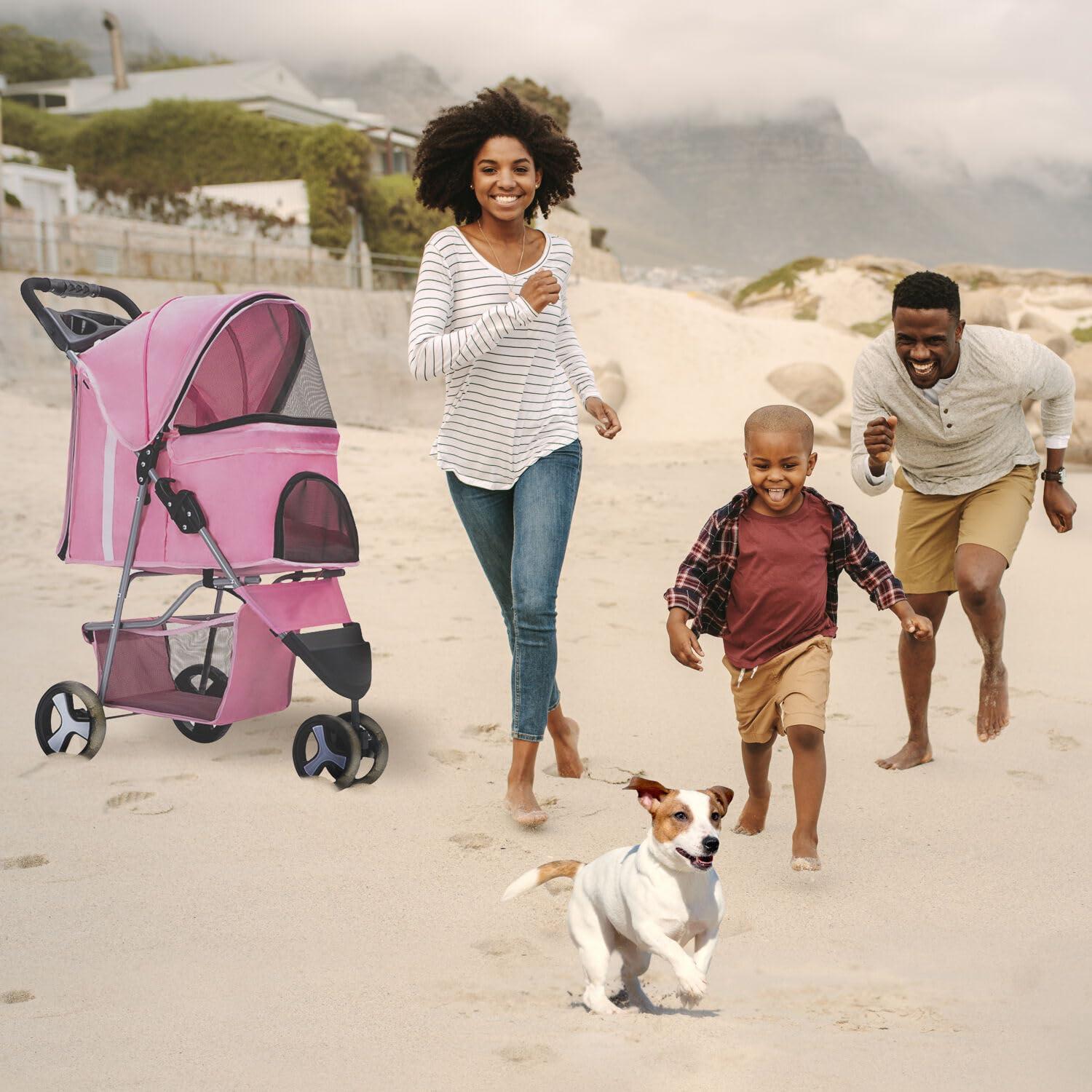 Pink 3-Wheel Jogging Pet Stroller with Storage Basket