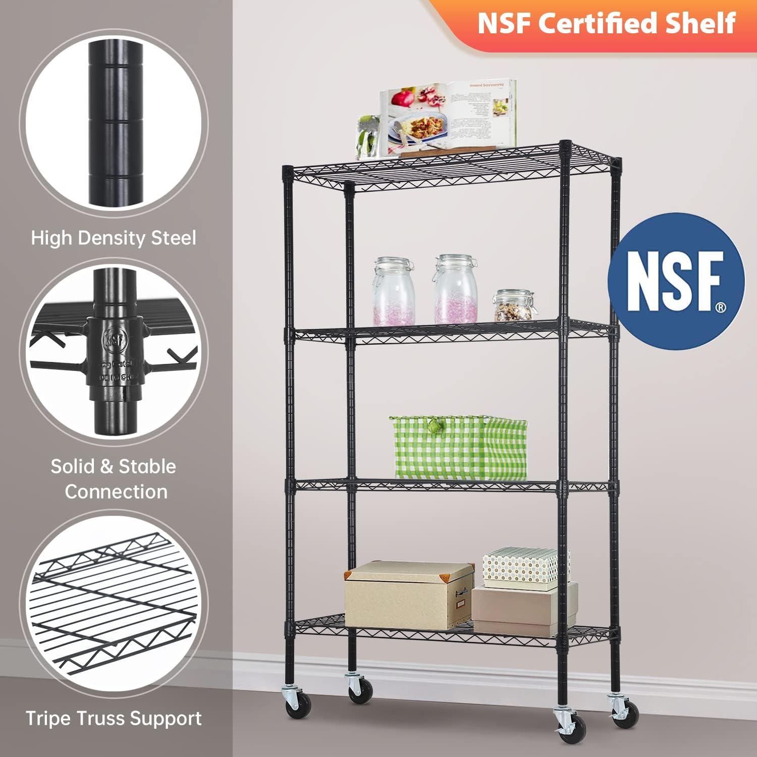 Killeryuki Chrome Storage Shelves, 4-Tier Wire Shelving with Wheels Adjustable Storage Shelves 500lbs Capacity Metal Shelf 36L x 14W x 62H for Office Garage Kitchen Basement Bedroom