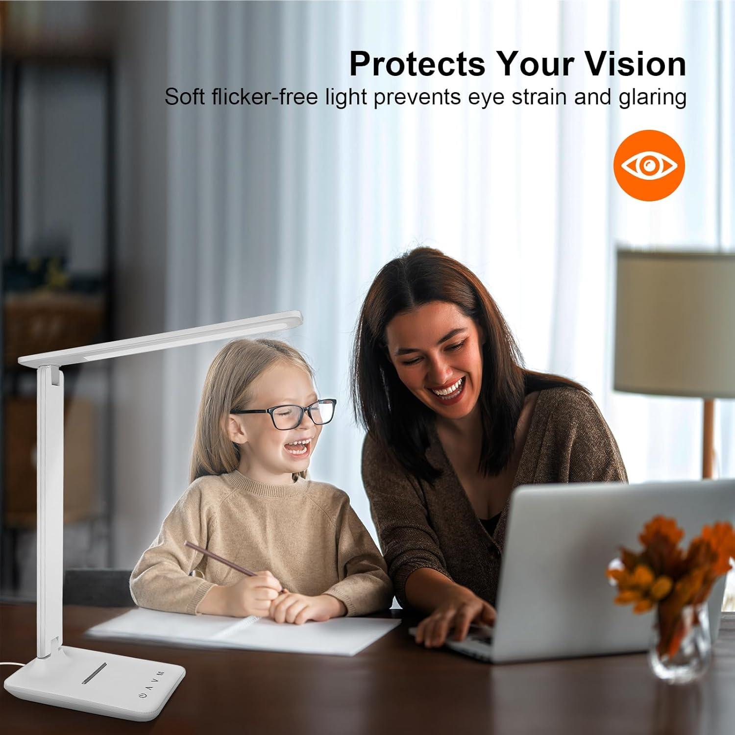 karidi LED Desk Lamp Dimmable Table Lamp with USB Charging Port, 5 Lighting Modes, Sensitive Control, Foldable Portable Desk Light for Home Office Bedroom Reading (White)