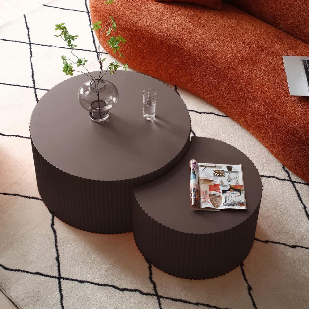 MCPRST Nesting Coffee Table Set of 2, Handcraft Round Coffee Table with Small End Table, Solid Wood Accent Table for Living Room Bedroom Apartment, Walnut