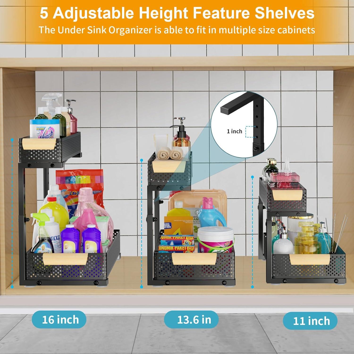 Under Sink Organizers and Storage, 2 Pack Pull Out Kitchen Bathroom Cabinet Organizer, 2 Tier Black Under Sink Storage for Bathroom Kitchen, Under Counter Storage Organizer with 8 Hooks