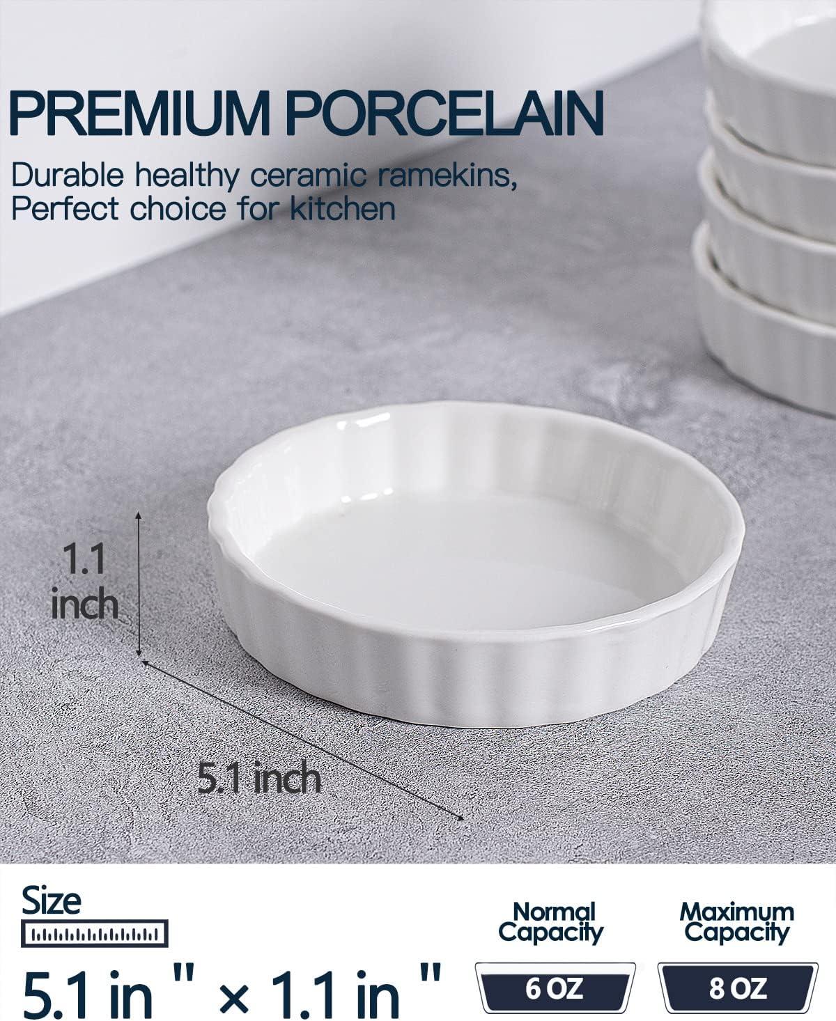 White Porcelain 8 oz Round Ramekin Set, Oven Safe, Set of 6