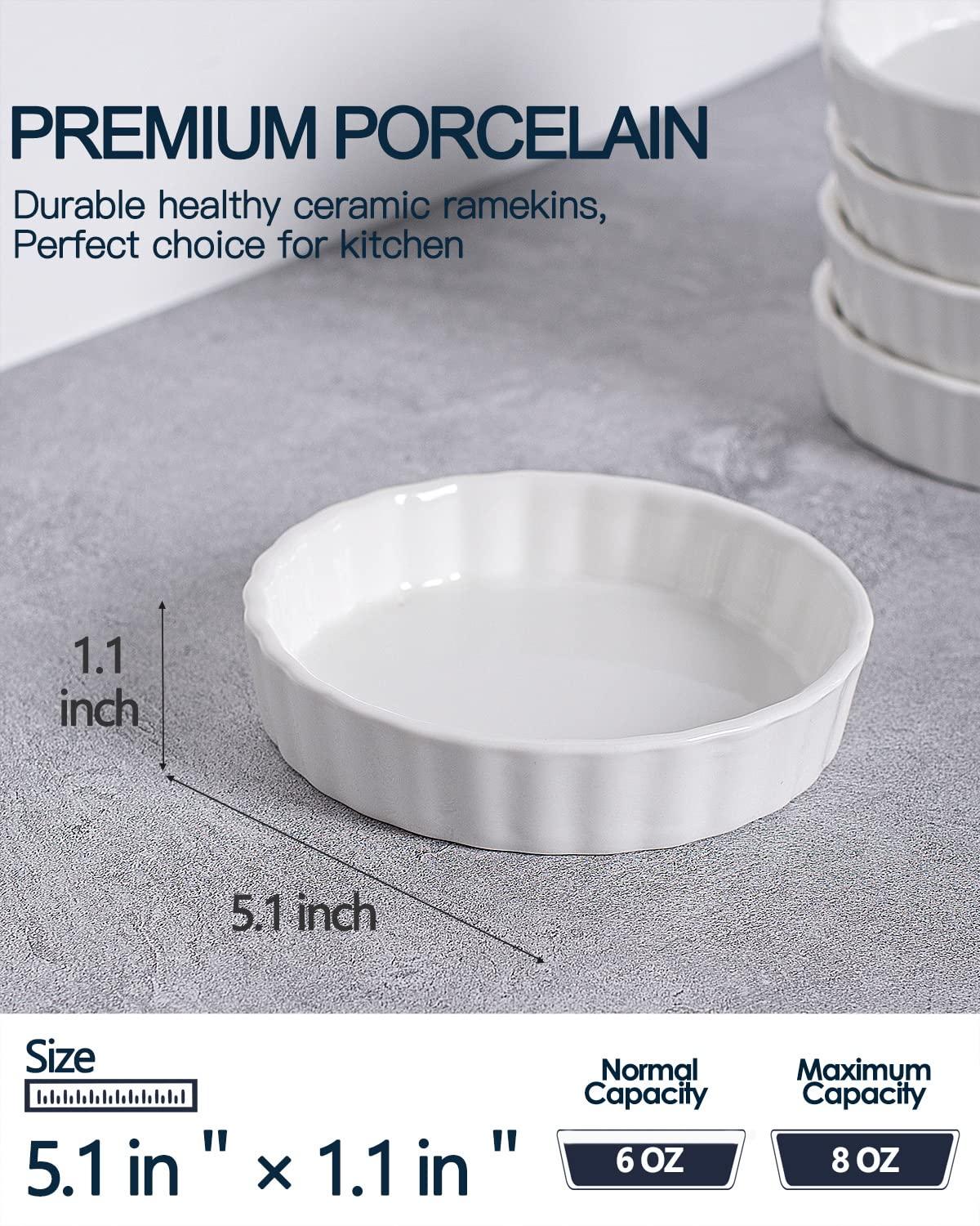 White Porcelain 8 oz Round Ramekin Set, Oven Safe, Set of 6